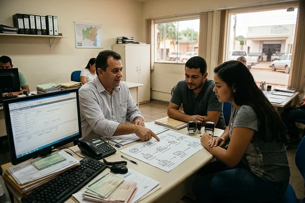 Despachante explicando licenciamento de veículos.