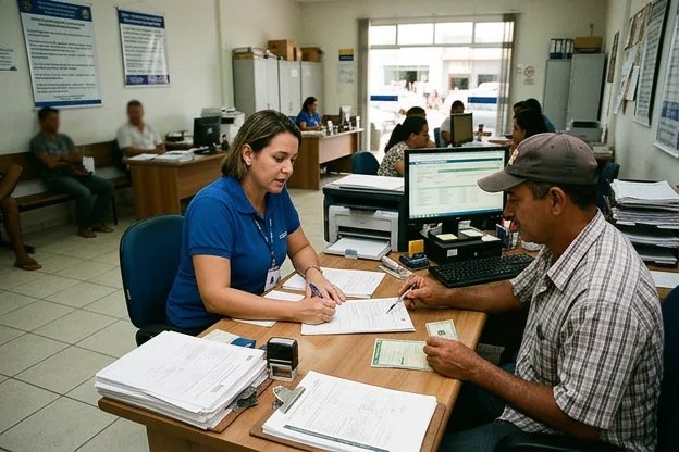 Profissional ajudando cliente na transferência de veículo.