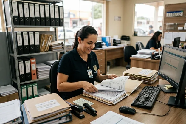 Profissional organizando documentos para emplacamento.