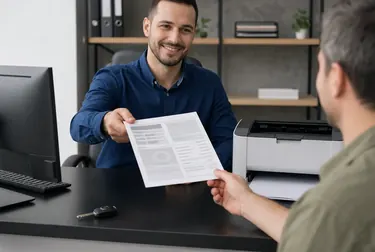 Profissional realizando impressão de CRLV-e em um escritório de despachante.